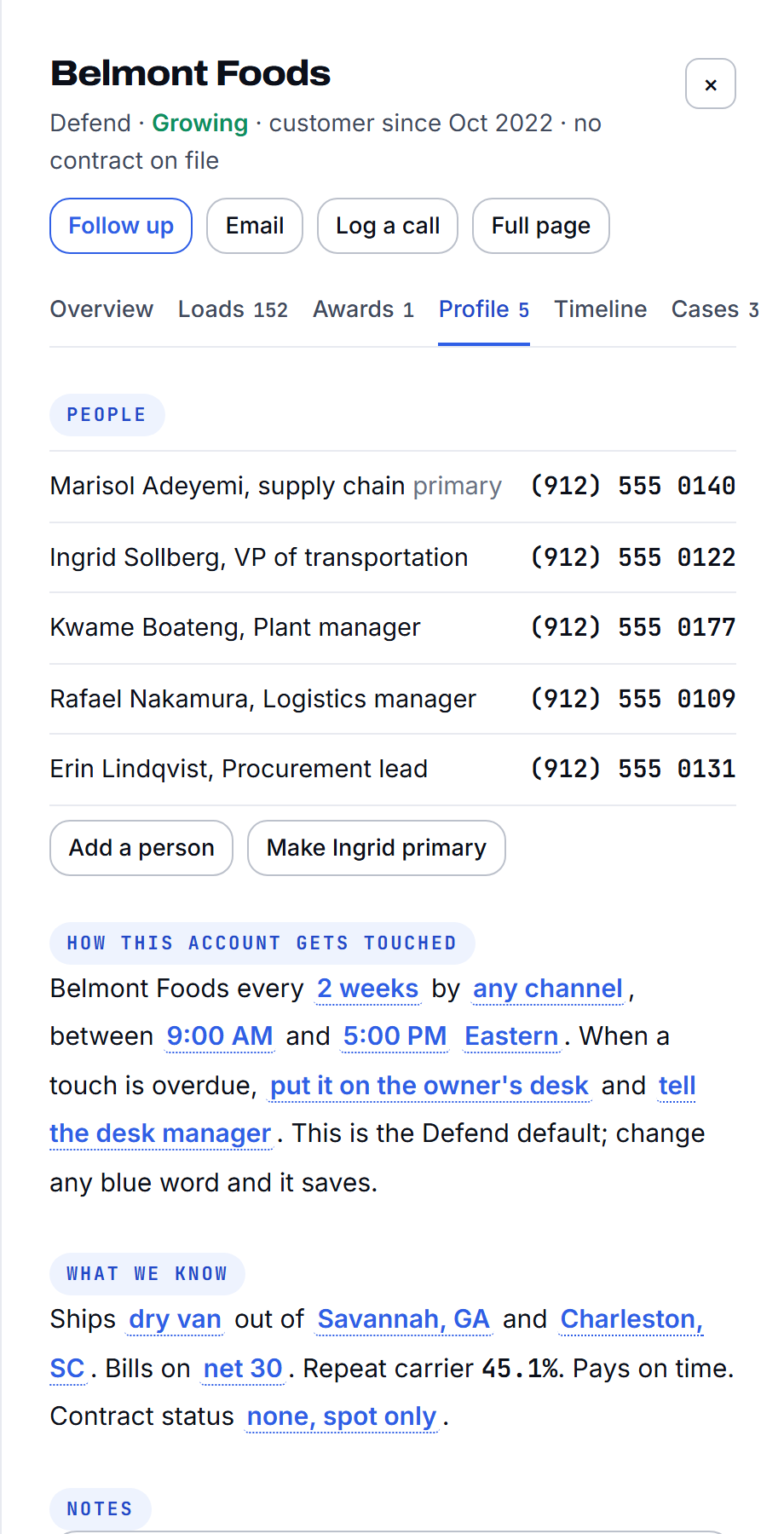 An account with its health score and the freight signals behind it