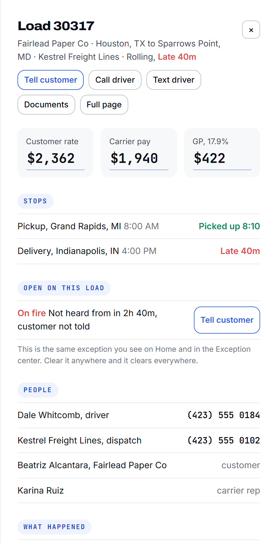 A load panel with its stops, rates, people and everything that happened on it