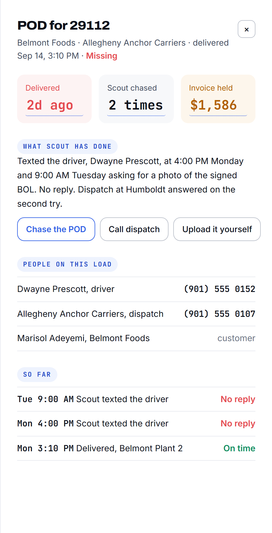 A POD that has not arrived, the invoice it is holding, and what Scout did to chase it